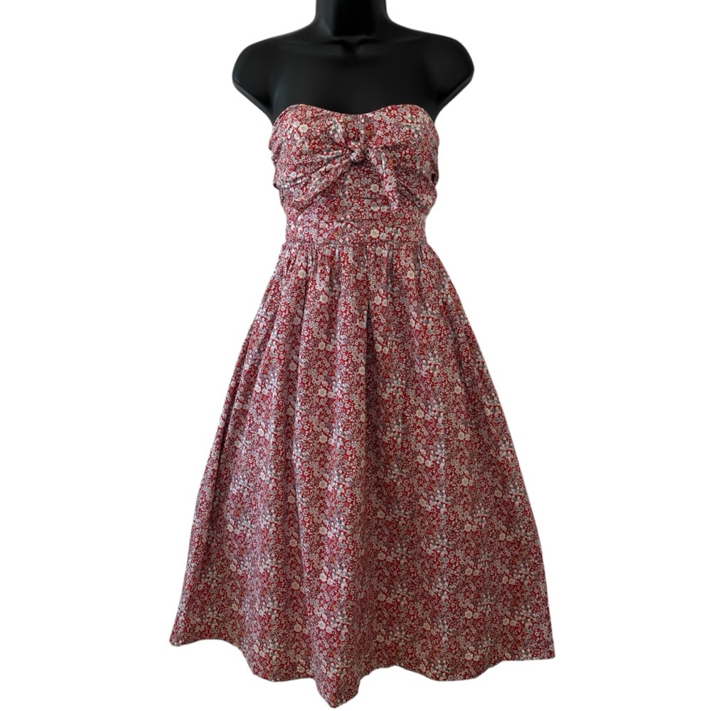J.Crew Liberty London Red and White Floral Print Strapless Midi Dress Sz 6